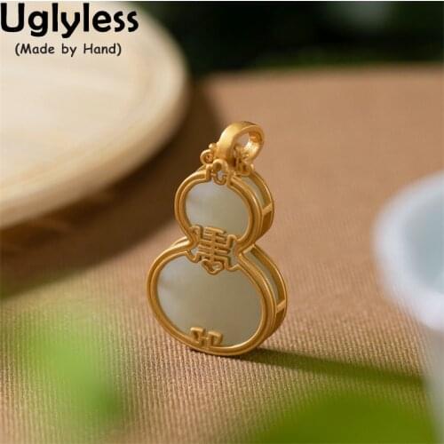 Uglyless Ethnic Gourd Pendants for Women Nature Jade Gemstones Necklaces NO Chain Nephrite China Chic Vintage Jewelry 925 Silver