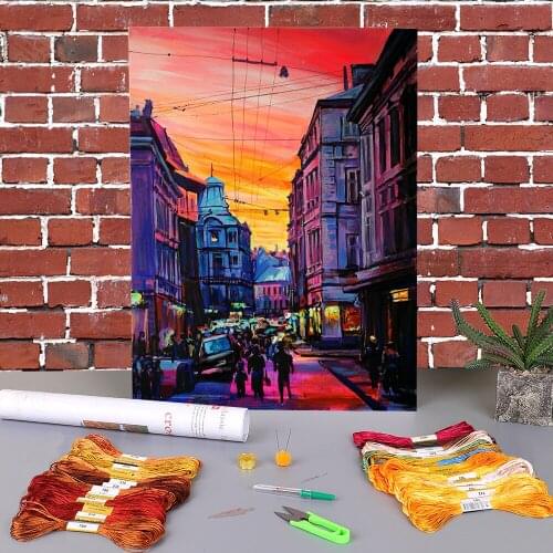Landscape Evening In Lviv Pre-Printed 11CT Cross Stitch Patterns DIY Embroidery DMC Threads Handmade Sewing Stamped