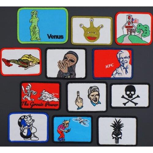 Broken Arm Venus Embroidery Merrow Border Punk Biker Patch Funny Alien Skull Badge Hook Back for Clothes Hat Accessories