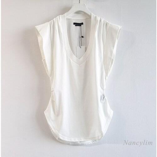Sleeveless T Shirt Women Long Design Lady Chic Top Summer Autumn New Elegant V-neck Slim Cotton T-shirt Tees White Black