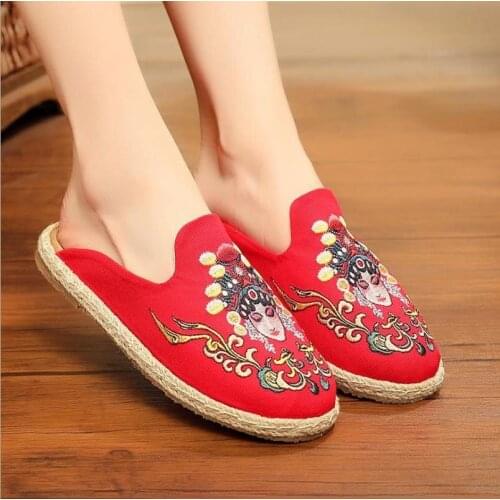 Flower Embroidered Women Canvas Espadrilles Flat Slippers Bohemian Retro Ladies Comfortable Close Toe Shoes Summer Mumes Shoes