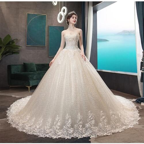 2020 Elegant Strapless Wedding Dress Champagne Lace Embroidery Wedding Gowns With Train Princess Bride Dress Vestido De Noiva