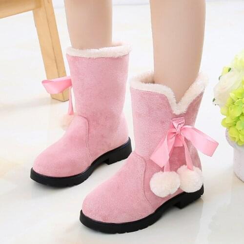Girls Snow Boots 2020 Winter Plush Warm Cotton Shoes Butterfly-knot Ball Decoration Mid-calf Non-slip Rubber Boots Kids Children