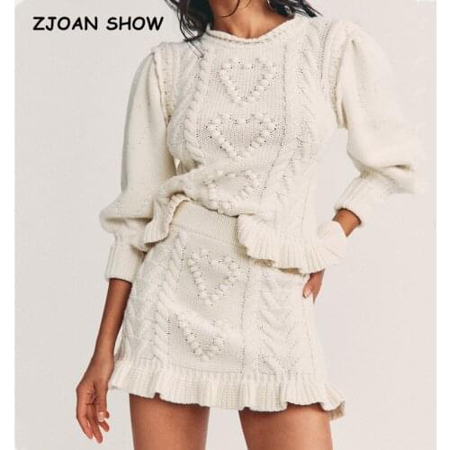 2021 Autumn Solid Color Knitted Twist Puff Long sleeve Pullover Sweater Ruffles Hem High Waist Mini Skirt 1 Set