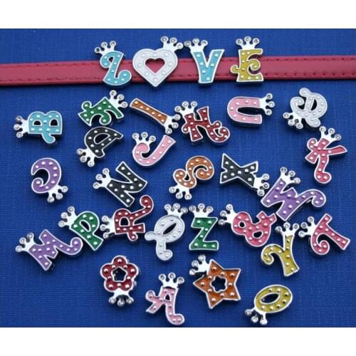 10 piece Internal Dia Silver Crown 8mm slide Charm Color English letters DIY Accessories fit 8mm wide belt pet collar