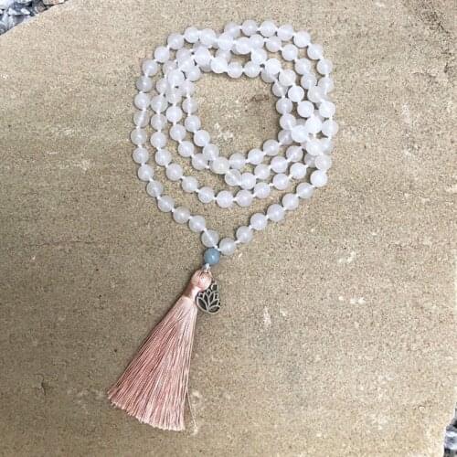 108 Prayer Beads Mala Necklaces Lotus Jewelry Hand-Knotted Tassel Necklace 8mm White Stone Beads Boho Necklace For Women Girls