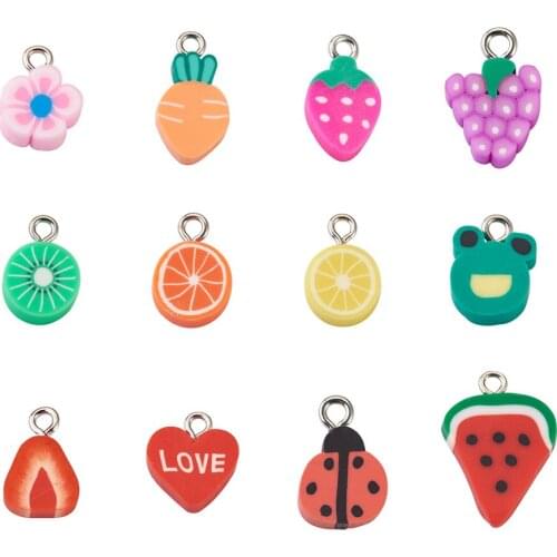 120pcs Cute Fruits Handmade Polymer Clay Charms Strawberry Lemon Charm Pendants for Bracelet Earring Keychain Jewelry Making DIY