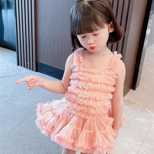 2021 Summer 1-7Yrs Girls Mesh Cake Dress Korean Fashion Sleeveless Ball Gown Kids Princess Dress Children Clothes Birthday Dress