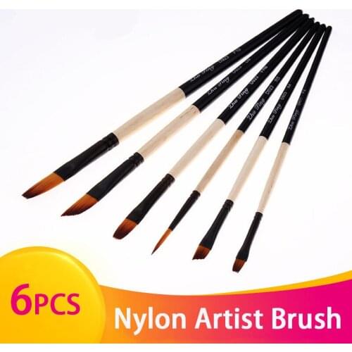 6pcs Nylon Artist Paint Brushes Set Wooden Handle Four Style for Watercolor Oil Acrylic Gouache Painting for Artist Students