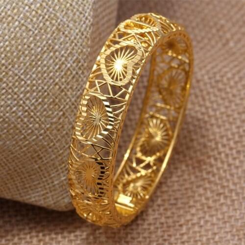 Annayoyo 24K Heart Gold Color Bangles Women/Girl Love France Trendy fashion Jewelry for Africa India kids best gift
