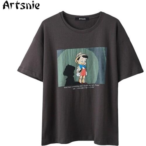 Artsnie summer 2020 o neck short sleeve oversized t shirt women black gray sweet tops female cotton cartoon disney t-shirts