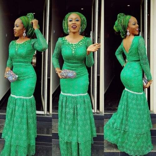 Aso Ebi Style Plus Size Green Mermaid Evening Gowns Long Sleeve Lace Crystal Nigerian Prom Gowns Formal Party Dress Abendkleider