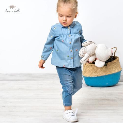 DBZ16661 dave bella spring fashion baby girls cartoon embroidery shirts infant toddler tops children high quality clothes