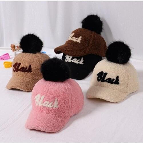 2-5T Children Girls Hats Winter Wool Flannel Baseball Peaked Cap Embroidery Letters Fur Ball Hat Kids Girl Visors Hats and Caps