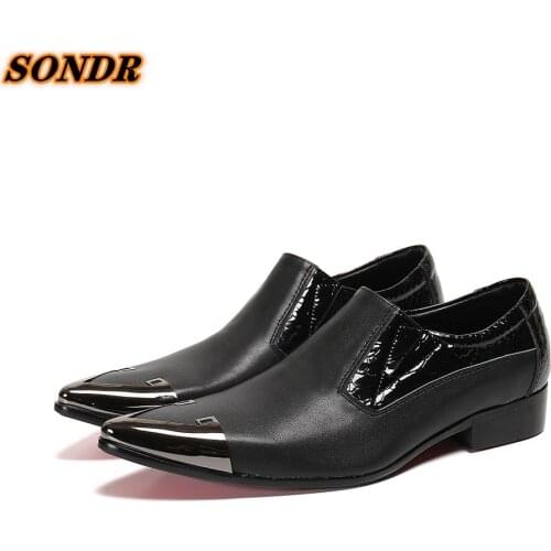 Men Classic Iron Pointed Toe Dress Shoes Men Slip-on Genuine Leather Black Wedding Office Men Oxford Formal Shoes Zapatos Hombre
