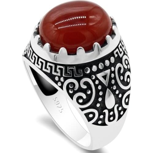Ring Men Silver 925 With Diamond Oval Natural Red Agate Stone Gemstone Geometry Drip Signet Ring Punk Turkish Ring Fine Jewelry