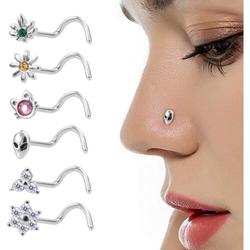 1PC New CZ Inlaid Screw Nose Rings Nose Piercing 20g Stainless Steel Nose Stud Ring for Women Cat Alien Flower Leaf Body Jewelry