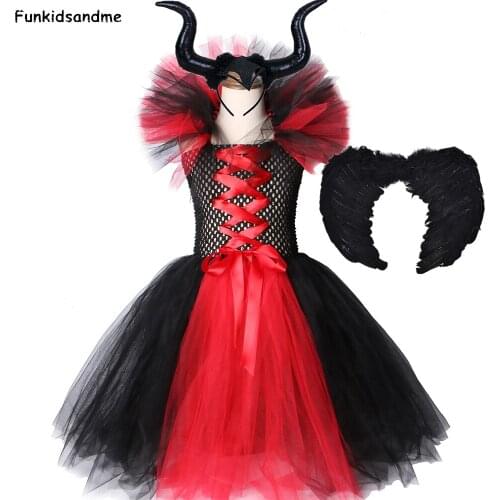 Evil Queen Cosplay Costume for Girls Halloween Carnival Party Fancy Tutu Dress Kids Girl Vampire Witch Dress with Horn Wing 1-12