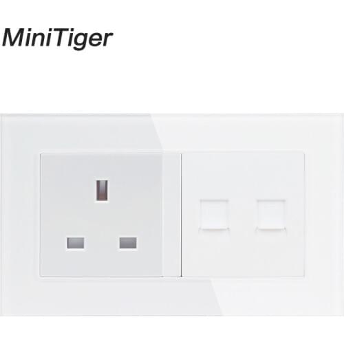 Minitiger White Luxury glass panel 2 Gang Wall Power 13A UK Standard Electrical With Double RJ45 Internet Data Computer Jack CAT