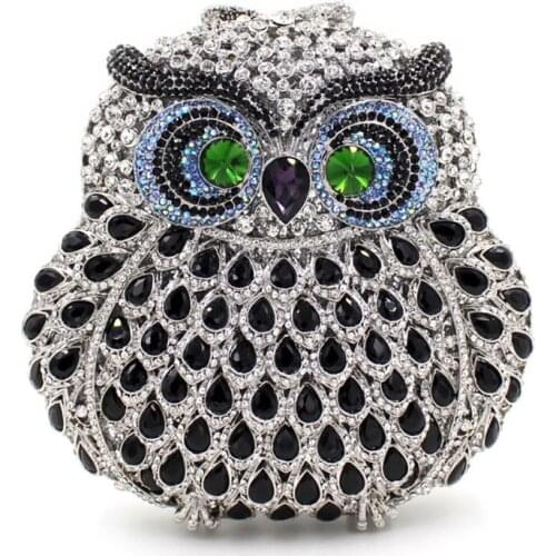 Fashion Nighthawk Shape Black Rhinestone Clutches Silver Metal Diamond Purse Women Handbag Evening Party Prom Chain Purses