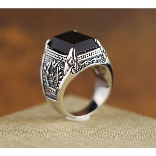 925 Sterling Silver Old Silver Craftsman Handcrafted Olive Branch Black Agate Ring Fashionable Individual Mens Ring