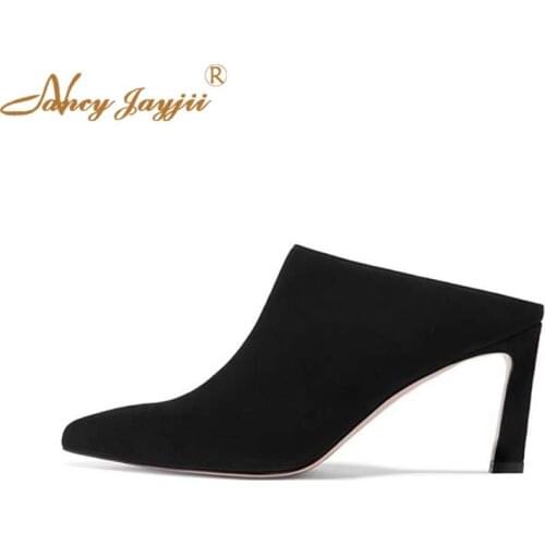 Mules Black 2019 Spring Flock Solid Ladies Outside ShallowThin Heels Shoes Woman Slippers Fashion Work Casual