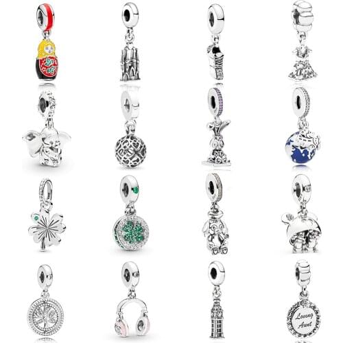 NEW 2019 100% 925 Sterling Silver Dumbo 60 Pink Headphones Dazzling Lucky Pendant Charm Fit DIY Original Women Bracelet Jewelry