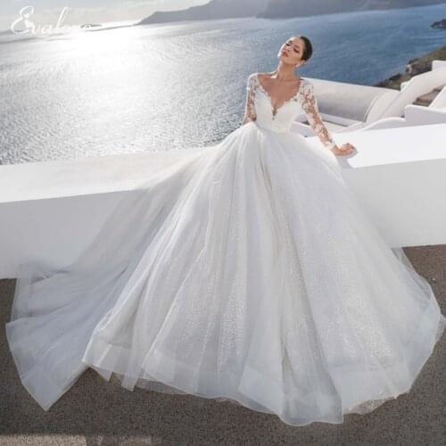 EVALOVE New Charming V-Neck Backless Sparkly Tulle A-Line Wedding Dress 2021 Gorgeous Appliques Full Sleeve Vintage Bridal Gown