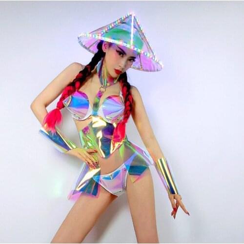 New Modern DJ DS Stage Costumes Nightclub Female Singer Laser Bikini Suit LED Headdress Women Festival Rave Outfits DWY4694