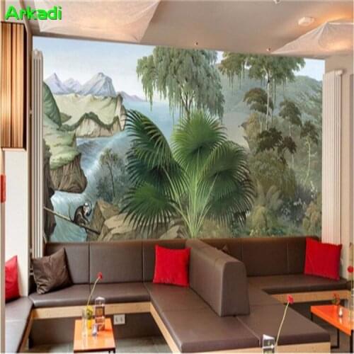 Custom wallpaper mural hand-painted style rainforest canyon banana leaf living room TV background wallpaper Nordic bedroom mural
