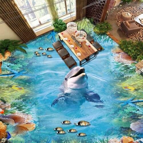 Custom Self-adhesive Floor Mural Dolphins Coral Reefs 3D Floor Tiles Wallpaper Sticker Living Room Bathroom PVC Wear Home Decor