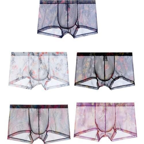 Sexy Lingerie Boxer Shorts Printed Mesh Transparent Heren Boxershort Bugle Pouch Underwear Gay Panties Calecon Homme Silk Boxers