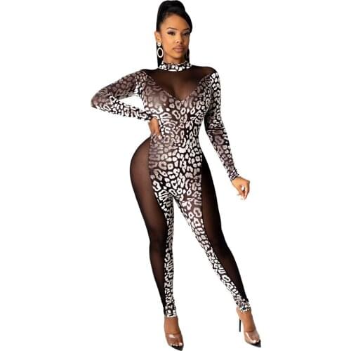 Mesh Patchwork Leopard Print Flocking Velvet Jumpsuit Mock Neck Long Sleeve Skinny See Through Rompers Night Clubwear Outfits