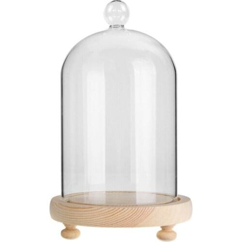 10*19cm Clear Glass Display Dome Glass Dry Flower Vase Cloche Dome Jar Bell Display with Wooden Base for Christmas Gift