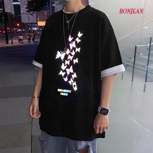 Men Reflective Cool Summer Loose Men/Women T Shirt Casual Short Sleeve Print Anime Tshirt Japanese Summer T-Shirt Tops Tee Shirt