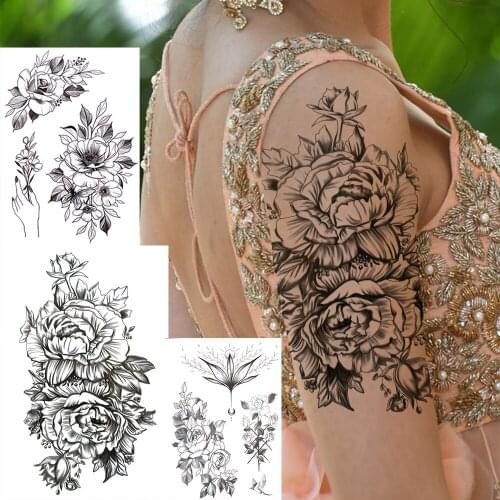 3D Peony Flower Temporary Tattoos For Women Adults Fake Lotus Orchid Rose Tattoo Sticker Black Water Transfer Big Tatoos Forearm