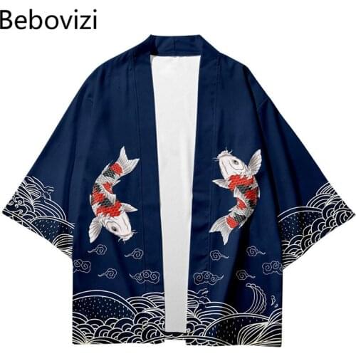 Japanese Blue Kimono Plus Size Carp Chinese Style Fashion Beach Mujer Robe Cardigan Men Shirts Yukata Haori Womens Clothing