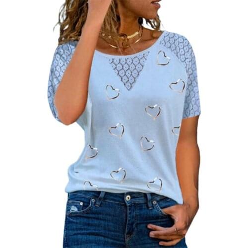 Summer Women T-shirt Hearts Printing Thin Female Round Neck Short Sleeve T-Shirts Women Lace stitching Street wear T-shirt 2021