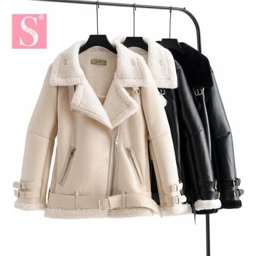 STVY Fur Keep Warm Windproof Chic Motorcycle Lapel Long Sleeve Women Jacket White Black Lamb Fur Belt Womens Coat Tops Thicken