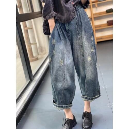 Women Jeans Spring Summer Retro Casual All-match Denim Pants Women Vintage Bleached Ripped Loose Denim Trousers