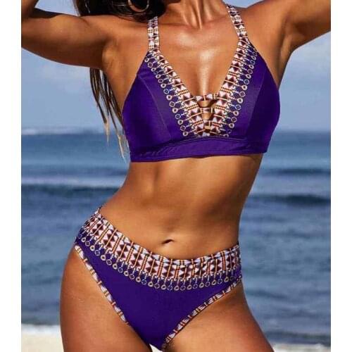 Sexy Vintage Print Bikini Women V-Neck Bikini Set Swimsuit Swimwear Bathing Suits Bandage Beach Wear 2020 Summer Biquini D94