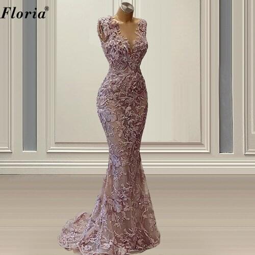 Plus Size Lavender Lace Evening Dresses Mermaid Transparent Beading Wedding Party Dresses Evening Wear платье 2021 нарядные