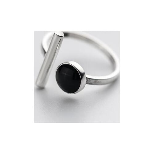 100% Authentic REAL.925 Sterling Silver Fine Jewelry handmade Black Agate stone &Lucky staright Bar open geometric Ring GTLJ1426