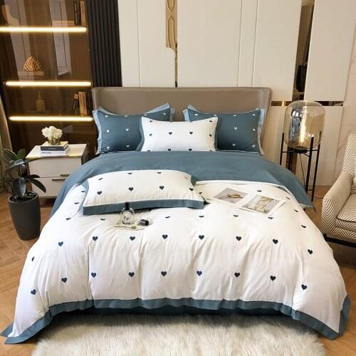 2021 Heart Embroidery Bedding set 1400TC Cotton duvet cover Bed linen Set king bedding queen size comforter sets juego de cama