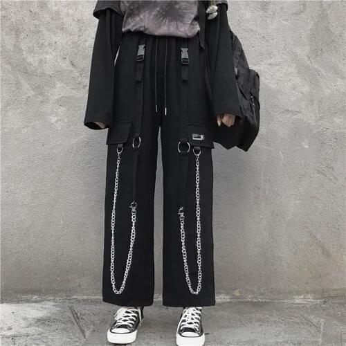 Streetwear Black Cargo Pants Cotton Hip Hop Wide Pants With Chain Baggy Vintage Punk Harem Trousers Elastic Waist Alt Emo Pants