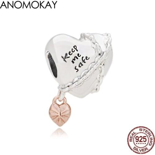 Anomokay Autumn New Lock Chain Love Heart Pendant Charm for DIY Bracelet Bangle Making 925 Silver Keep Me Safe Bead Accessories