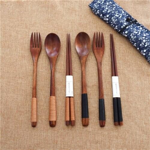 1 Set Wood Portable Tableware Wooden Fork Spoon Chopsticks Cutlery Set Travel Dinnerware Suit Environmental with Cloth Pack Gift