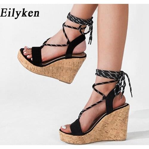 Eilyken Summer Women Platform Sandals Fashion Gladiator Open Toe Ankle Cross Lace-up Wedge High Heels Black Platform Shoes