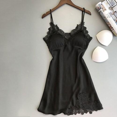 Sexy Padded Nightdress Women New Fashion Sleeveless Sling Nightwear Deep V Neck Lace Soild Color Sleepwear Home Clothing