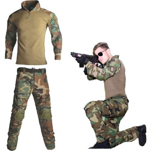 Woodland Camouflage Hunting Clothes Men Tactical Frog Set Military Uniform Airsoft Sniper Combat Shirt + Pants + Knee Elbow Pads